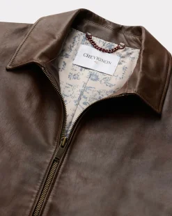 Outlet Chevignon Blouson En Cuir Trooper Cacao Blouson En Cuir D'Agneau Col Polo