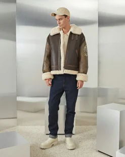 Discount Chevignon Bombardier En Cuir Pilote Cacao Blouson En Peau De Mouton