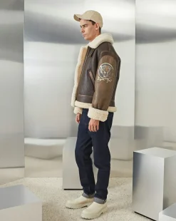 Discount Chevignon Bombardier En Cuir Pilote Cacao Blouson En Peau De Mouton